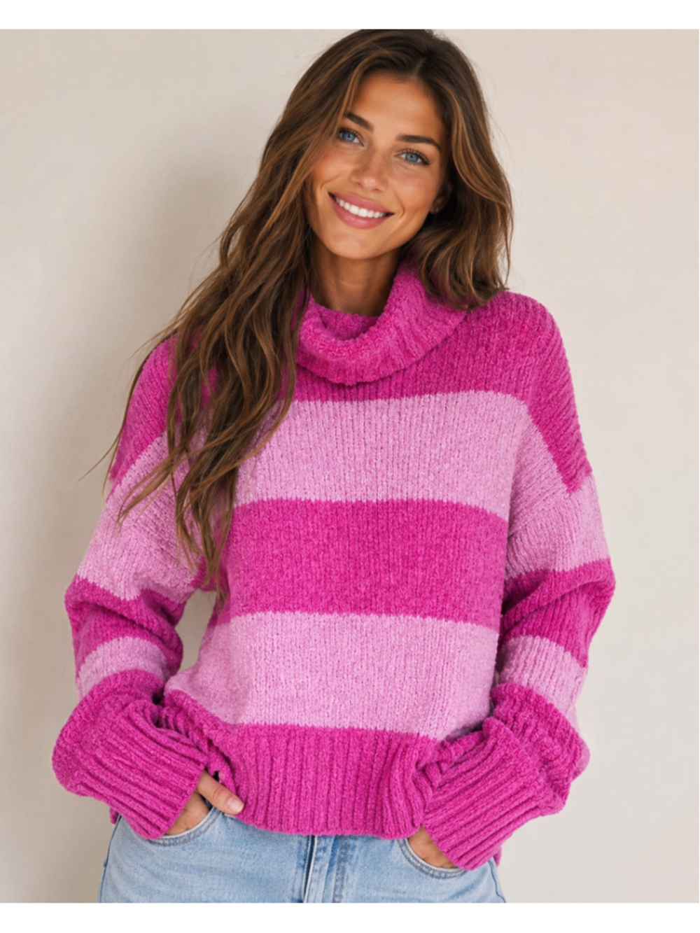Pink Rose Striped Chenille Turtleneck Knit Sweater Hot Pink Y2K Dopamine L Boho